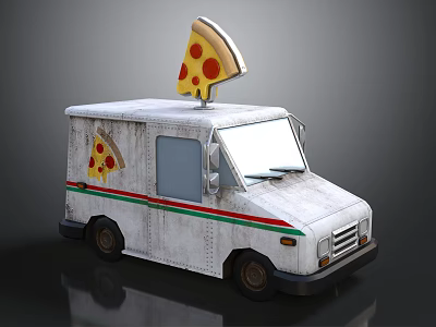 White Food Truck With Green Red Stripes And Pizza Slice On Top 3d model