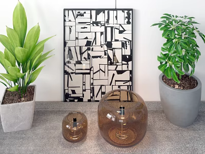 Brown Glass Decorative Lamps With Green Plants And Geometric Art In Living Room 3d model