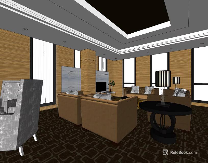 Modern Elegant Office Interior With Wooden Walls Large Windows Sofas And Coffee Tables 3d model