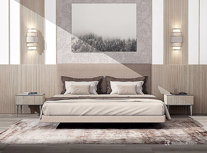 Double Bed Background In Modern Bedroom With Light Colored Headboard Framed Painting And Bedside Tables 3d model 