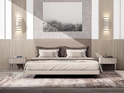 Double Bed Background In Modern Bedroom With Light Colored Headboard Framed Painting And Bedside Tables 3d model