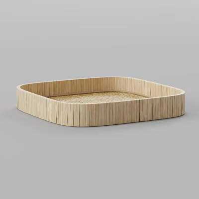 Natural Bamboo Square Tray With Woven Bottom For Daily Household Use 3d model