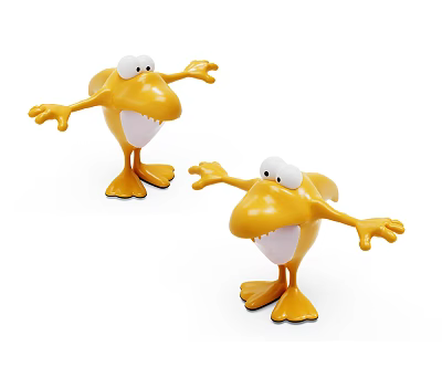 Two Lively Yellow Cartoon Reptile Figures With Big Eyes Open Mouth And Outstretched Arms 3d model