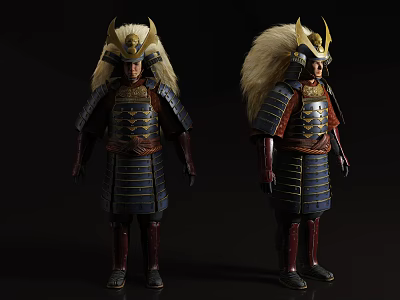 Man In Traditional Samurai Armor Featuring Gold Decorations Blue Red Accents And White Mane Helmet 3d model