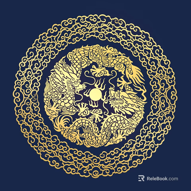 Golden Carving Artwork With Two Dragons Sun Motif And Cloud Patterns Border On Blue Background 3d model 