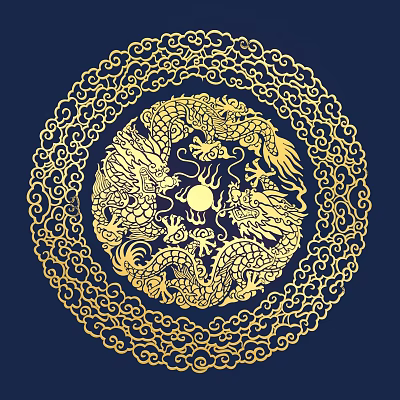 Golden Carving Artwork With Two Dragons Sun Motif And Cloud Patterns Border On Blue Background 3d model