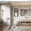 Modern Bathroom Interior With Round Mirror Marble Vanity Shower Area Toilet And Potted Plant