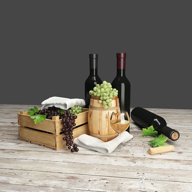 Fresh Green and Purple Grapes in Wooden Crate with Wine Bottles Barrel and Glass 3d model 
