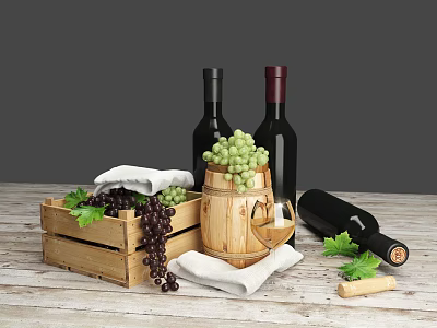 Fresh Green and Purple Grapes in Wooden Crate with Wine Bottles Barrel and Glass 3d model