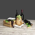 Fresh Green and Purple Grapes in Wooden Crate with Wine Bottles Barrel and Glass