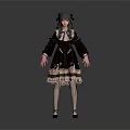 Child in Black Dress with Lace Trim and Pigtails Standing Position