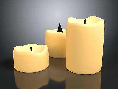 Set Of Three Cream Colored Household Candles With Various Shapes And Wicks 3d model