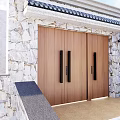 Wooden Double Entrance Door With Black Handles Stone Walls Tile Roof And Colored Steps