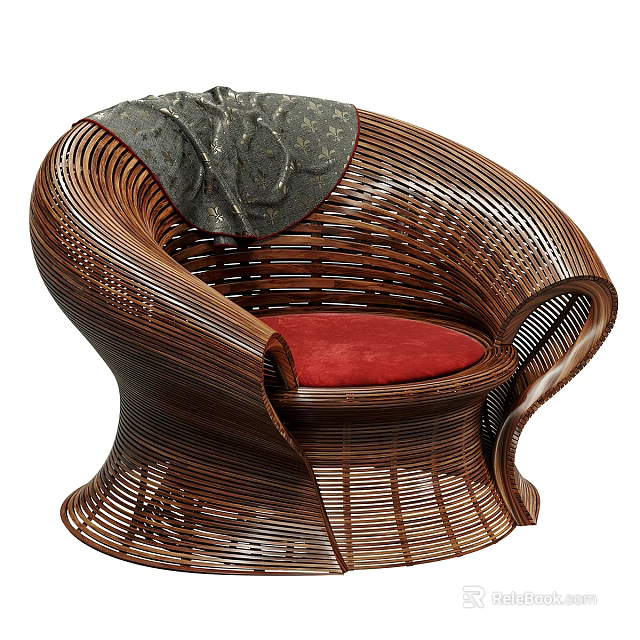 Brown Wicker Leisure Chair With Red Cushion And Gray Pillow 3d model 