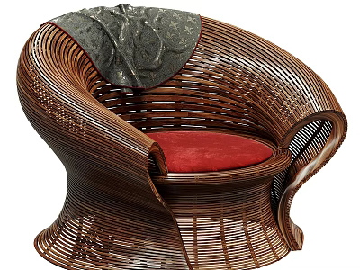 Brown Wicker Leisure Chair With Red Cushion And Gray Pillow 3d model