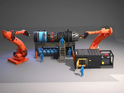 Industrial Equipment With Orange Robotic Arms And Workers In Blue Uniforms In Operation 3d model