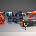 Industrial Equipment With Orange Robotic Arms And Workers In Blue Uniforms In Operation