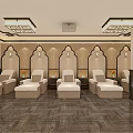 SPA Sauna Room Interior With Multiple Massage Beds Wooden Flooring And Circular Wall Decor