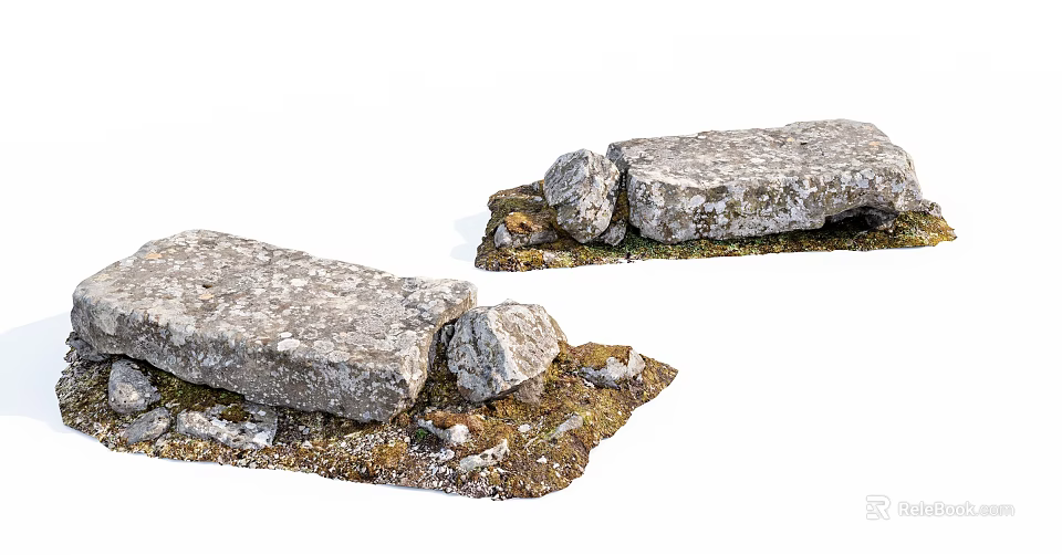 Rustic Natural Stone And Wood Garden Decor With Mossy Rocks And Wooden Planks 3d model 
