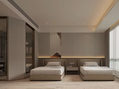 Modern Hotel Guest Room With Twin Beds Minimalist Design And Cozy Atmosphere 3d model