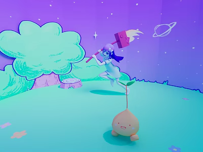 Cartoon Character With Hammer And Peach Shaped Object On Purple Starry Background With Little Flowers 3d model