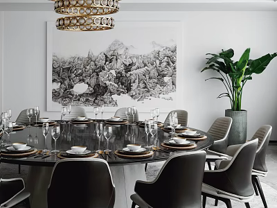 Elegant Modern Dining Table Set With Round Table Grey Chairs And Decorative Painting 3d model