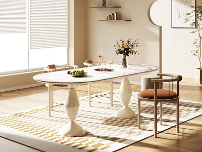 Elegant Modern Dining Table Set With White Table Brown Seated Chairs And Flower Vase On Rug 3d model