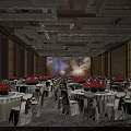 Elegant Banquet Hall Setup With Geometric Crystal Chandeliers Red Floral Centerpieces And Beige Bow Chairs