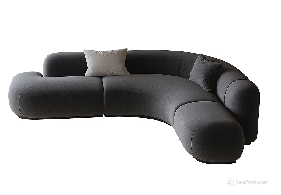 Modern Curved Dark Gray Fabric Sofa With Accent Pillows For Living Room 3d model 