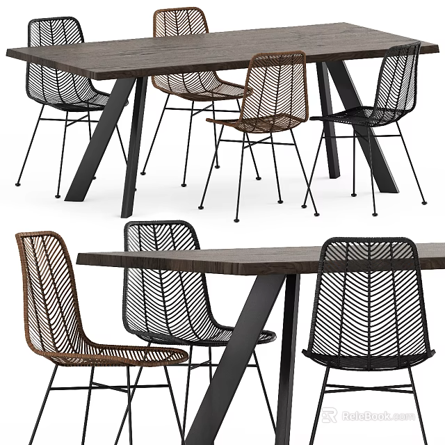 Modern Woven Dining Table Set With Wooden Tabletop And Black Brown Metal Leg Chairs 3d model 