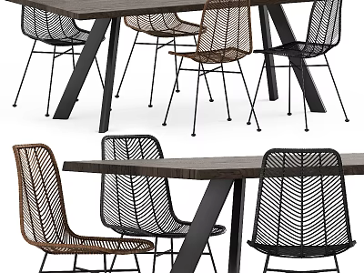 Modern Woven Dining Table Set With Wooden Tabletop And Black Brown Metal Leg Chairs 3d model