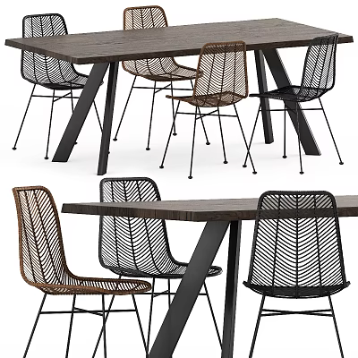 Modern Woven Dining Table Set With Wooden Tabletop And Black Brown Metal Leg Chairs 3d model