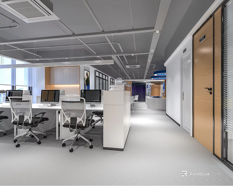 Modern Public Office Space With Open Layout Workstations Computers Ergonomic Chairs And Natural Light 3d model