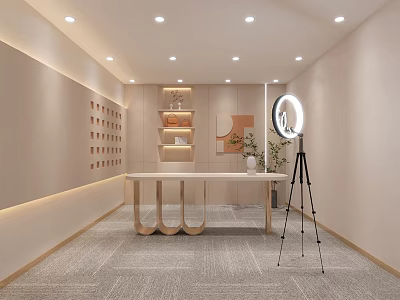 Modern Public Office Space Interior With Long Desk Open Shelves And Ring Light 3d model