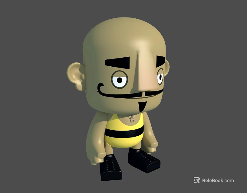Cute Cartoon Doll With Bald Head Thick Eyebrows Mustache Striped Vest And Black Shoes 3d model 