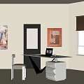 Modern Glass Top Desk With Metal Frame And Decorative Paintings In Room