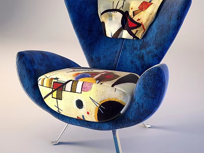 Stylish Blue Upholstered Leisure Chair With Abstract Art Printed Comfortable Cushions For Modern Home Interior 3d model