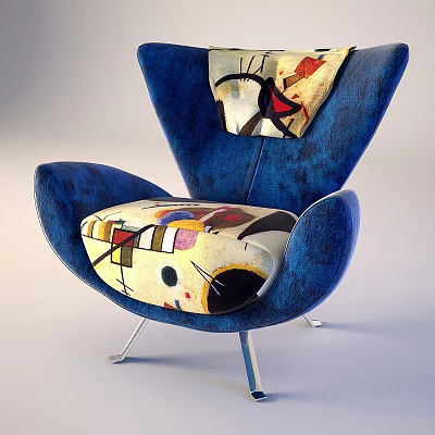 Stylish Blue Upholstered Leisure Chair With Abstract Art Printed Comfortable Cushions For Modern Home Interior 3d model