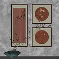 Red Background Decorative Paintings With Round Rectangular Frames And Natural Branches 3d model