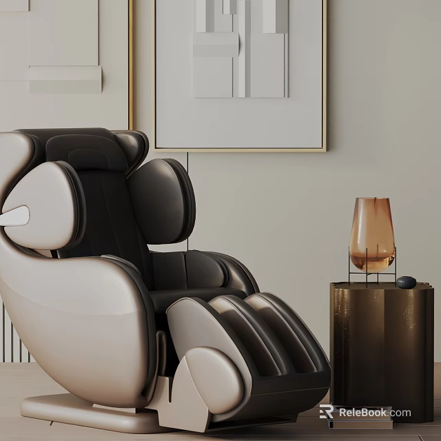 Modern Beige And Black Leather Recliner Chair With Side Table And Vase 3d model 