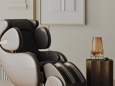 Modern Beige And Black Leather Recliner Chair With Side Table And Vase 3d model