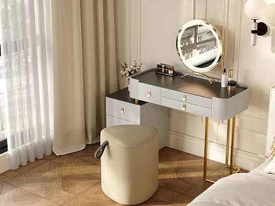 Elegant Modern Dressing Table With Round Mirror Gold Legs And Beige Stool 3d model