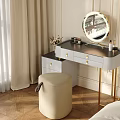 Elegant Modern Dressing Table With Round Mirror Gold Legs And Beige Stool 3d model