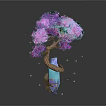Cartoon Scene Featuring Purple Pink Tree With Blue Crystal Wrapped Trunk And Glowing Blue Dots
