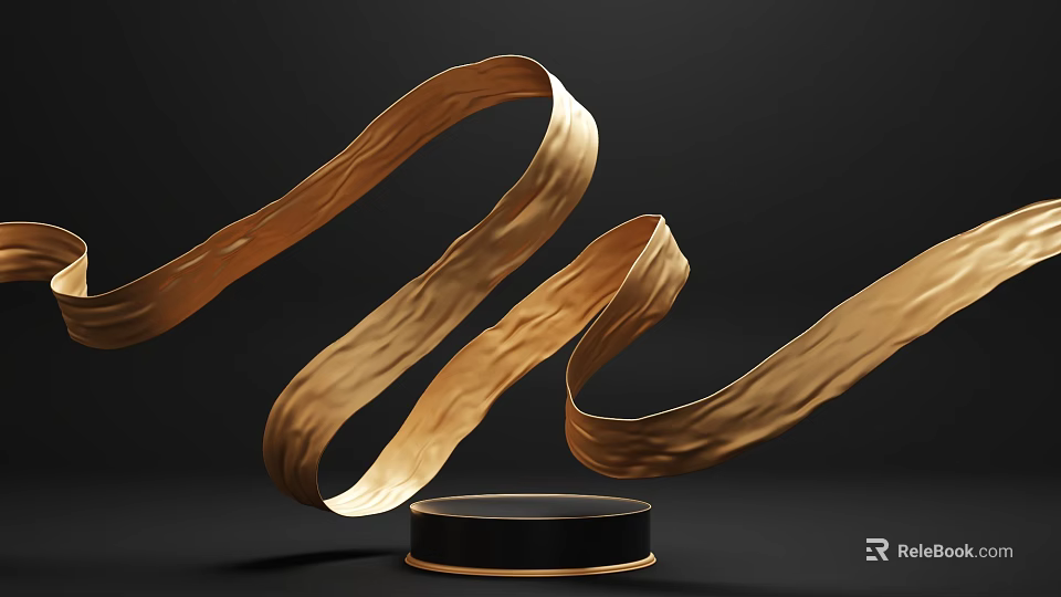 Elegant Golden Wavy Ribbon Commercial Display Equipment With Black Circular Base 3d model 