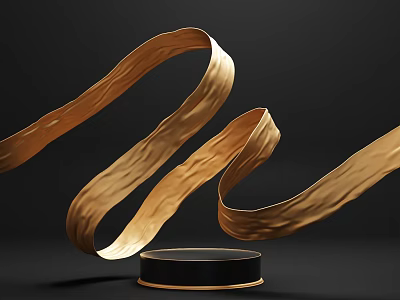 Elegant Golden Wavy Ribbon Commercial Display Equipment With Black Circular Base 3d model