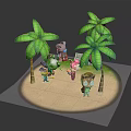 Playful Cartoon Beach Scene With Green Palm Trees And Animal Characters