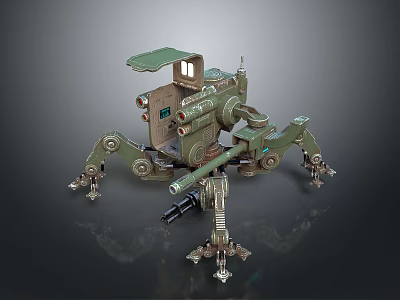 Natural Landscape With Green Mechanical Spider And Metal Legs On Rocky Terrain 3d model