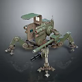 Natural Landscape With Green Mechanical Spider And Metal Legs On Rocky Terrain