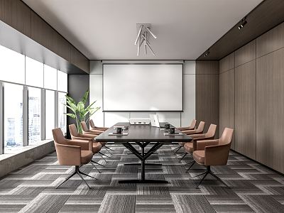 Modern Meeting Room Conference Table and Chair Chandelier Office Chair Projector Curtain Office Carpet model